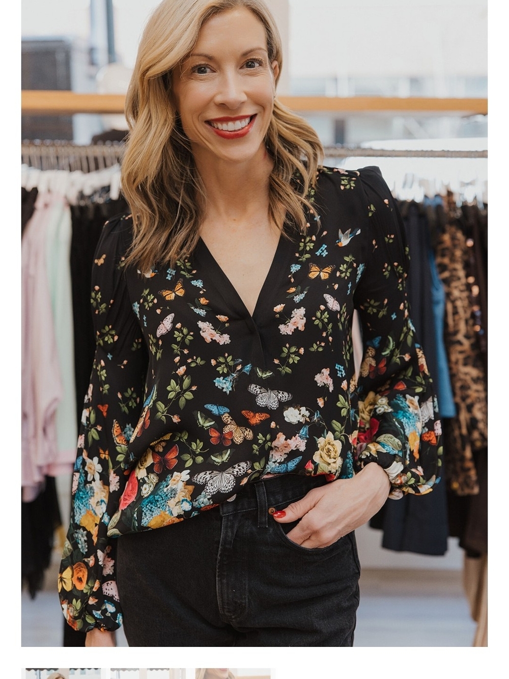 Alice + Olivia Black V-Neck Blouse with Floral & Butterfly Print